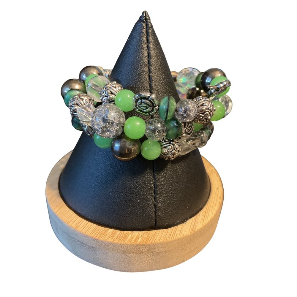 Green & Silver Beaded Coil Bracelet